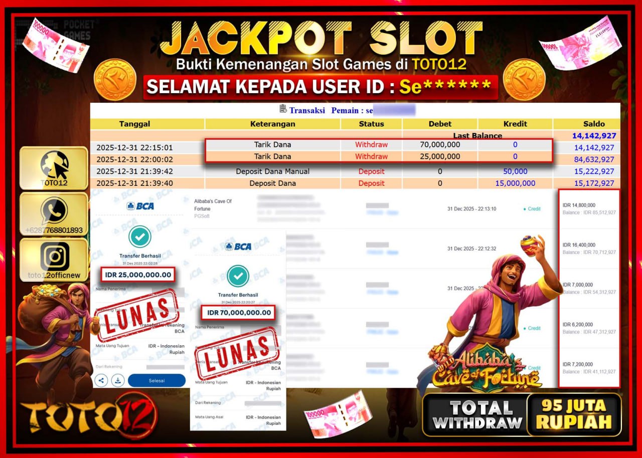 HANYA DI TOTO12 JP PASTI DI BAYAR LUNAS DAN CEPAT!!!!!! JACKPOT SLOT GAME (ALIBABA CAVE OF FORTUNE) Rp.95.000.000 !!!!
