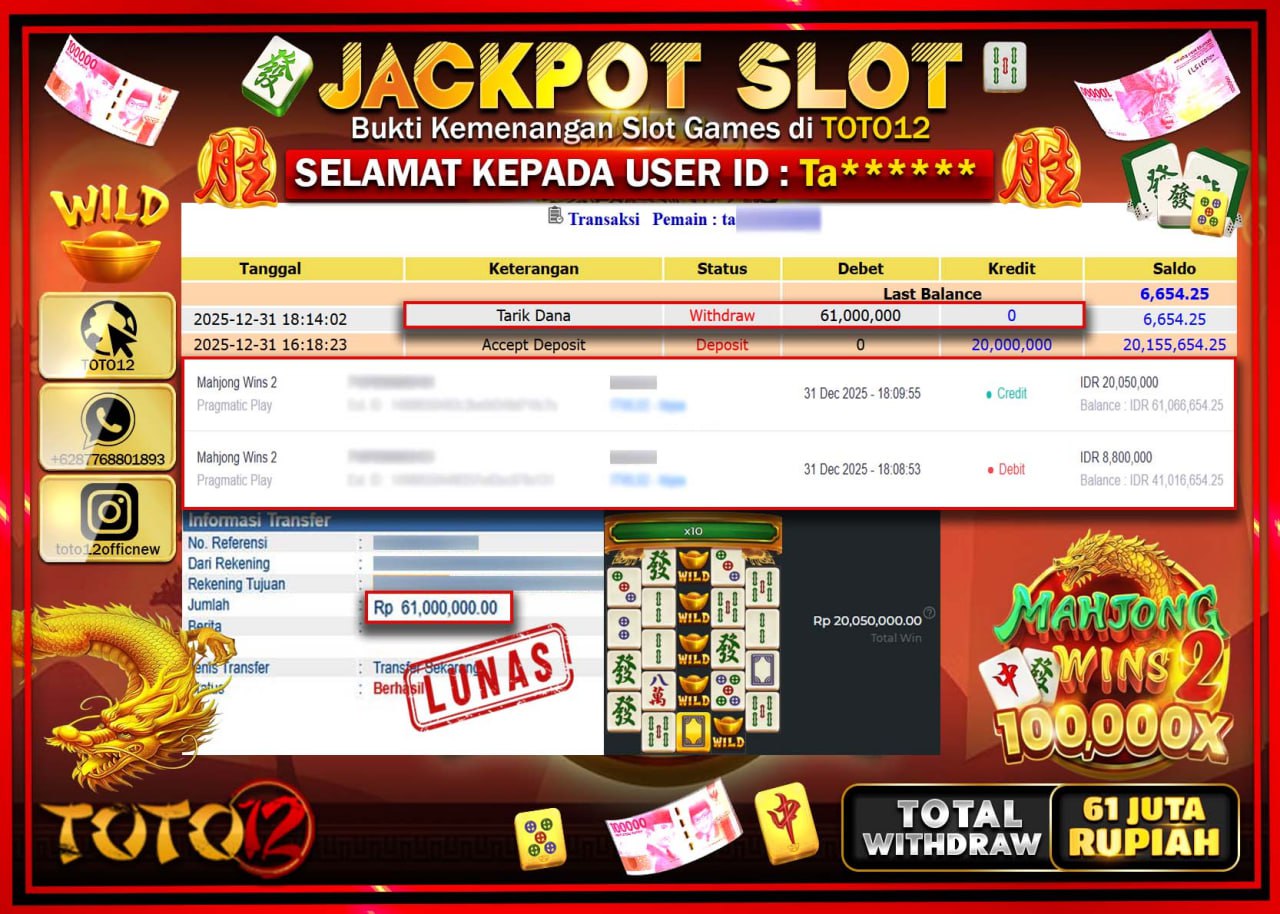 HANYA DI TOTO12 JP PASTI DI BAYAR LUNAS DAN CEPAT!!!!!! JACKPOT SLOT GAME (MAHJONG WINS 2) Rp.61.000.000 !!!!