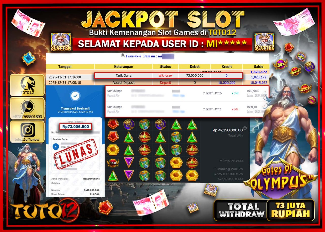 HANYA DI TOTO12 JP PASTI DI BAYAR LUNAS DAN CEPAT!!!!!! JACKPOT SLOT GAME (GATES OF OLYMPUS) Rp.73.000.000 !!!!