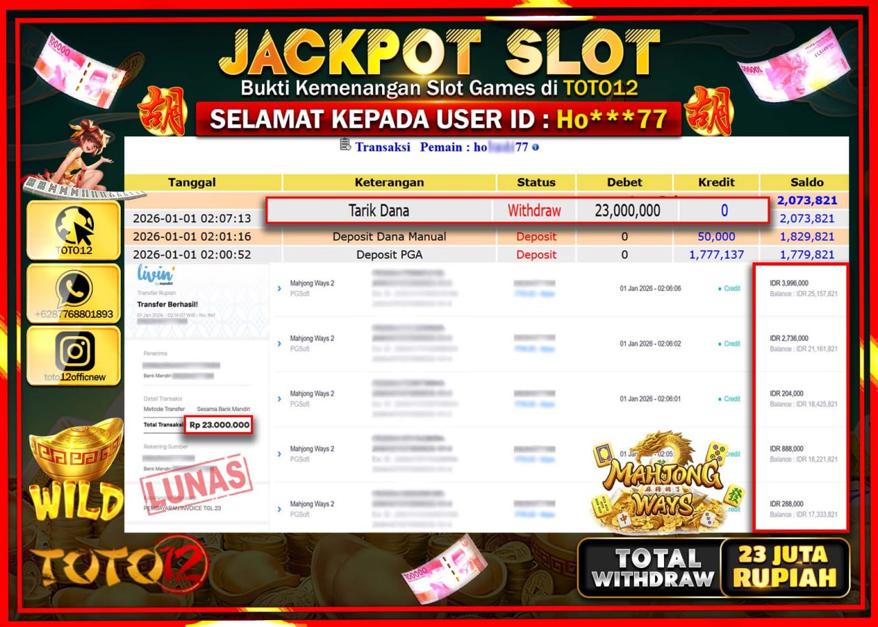 HANYA DI TOTO12 JP PASTI DI BAYAR LUNAS DAN CEPAT!!!!!! JACKPOT SLOT GAME (MAHJONG WAYS) Rp.23.000.000 !!!!