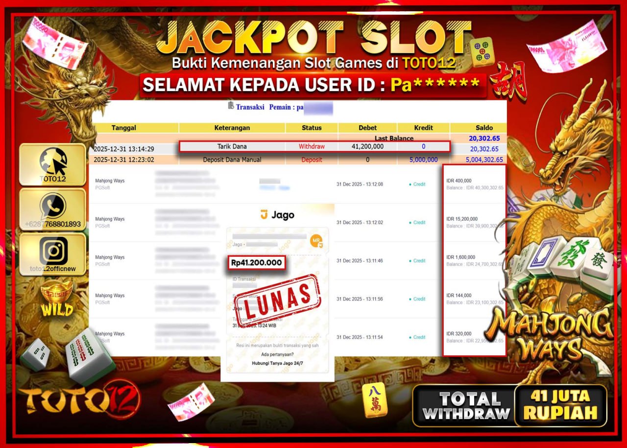 HANYA DI TOTO12 JP PASTI DI BAYAR LUNAS DAN CEPAT!!!!!! JACKPOT SLOT GAME (MAHJONG WAYS) Rp.41.200.000 !!!!