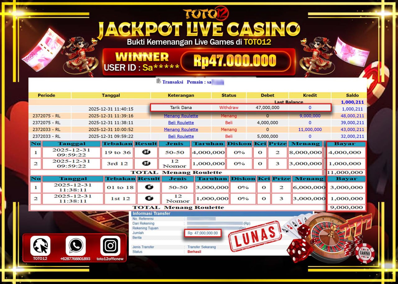 HANYA DI TOTO12 JP PASTI DI BAYAR LUNAS DAN CEPAT!!!!!! JACKPOT LIVE CASINO (ROULETTE) Rp.47.000.000 !!!!