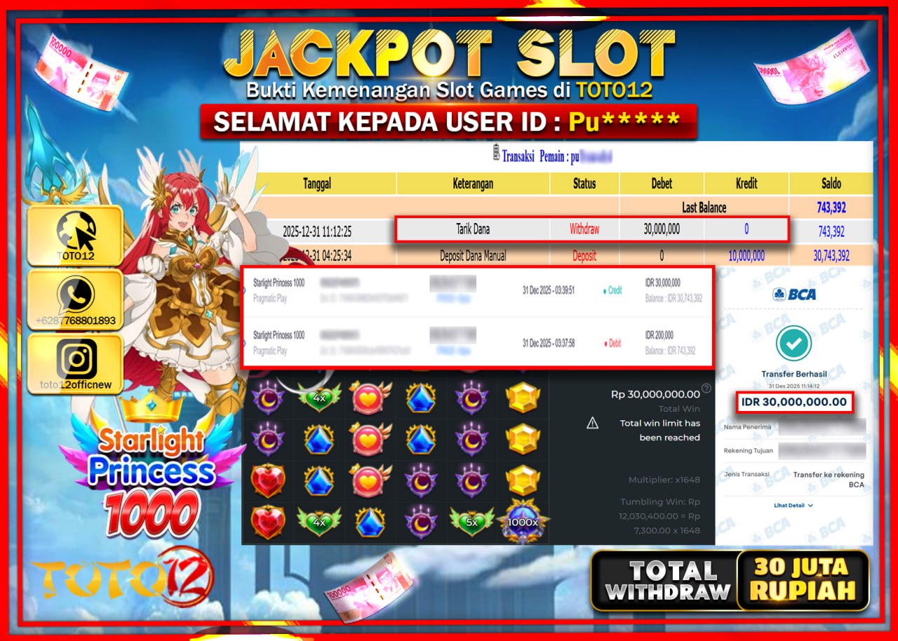 HANYA DI TOTO12 JP PASTI DI BAYAR LUNAS DAN CEPAT!!!!!! JACKPOT SLOT GAME (STARLIGHT PRINCESS 1000) Rp.30.000.000 !!!!
