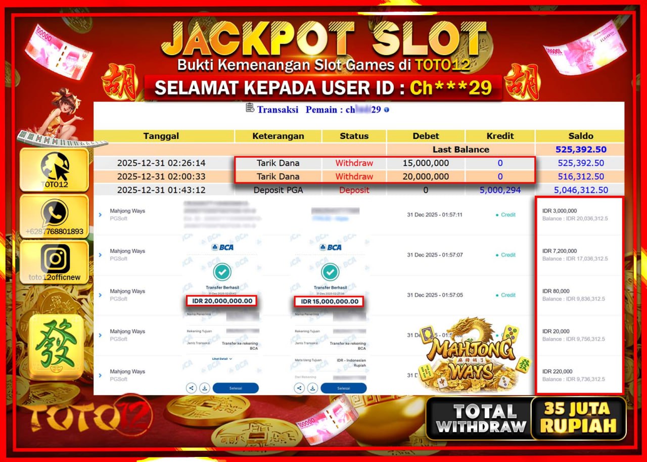 HANYA DI TOTO12 JP PASTI DI BAYAR LUNAS DAN CEPAT!!!!!! JACKPOT SLOT GAME (MAHJONG WAYS) Rp.35.000.000 !!!!