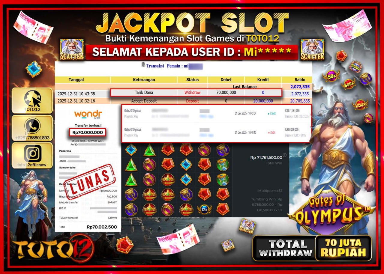 HANYA DI TOTO12 JP PASTI DI BAYAR LUNAS DAN CEPAT!!!!!! JACKPOT SLOT GAME (GATES OF OLYMPUS) Rp.70.000.000 !!!!
