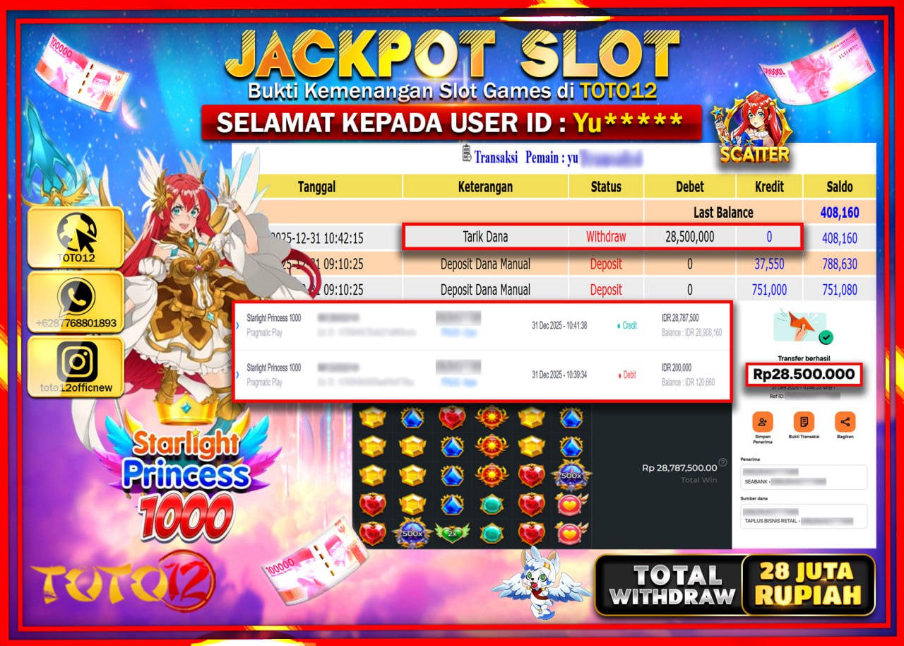 HANYA DI TOTO12 JP PASTI DI BAYAR LUNAS DAN CEPAT!!!!!! JACKPOT SLOT GAME (STARLIGHT PRINCESS 1000) Rp.28.500.000 !!!!