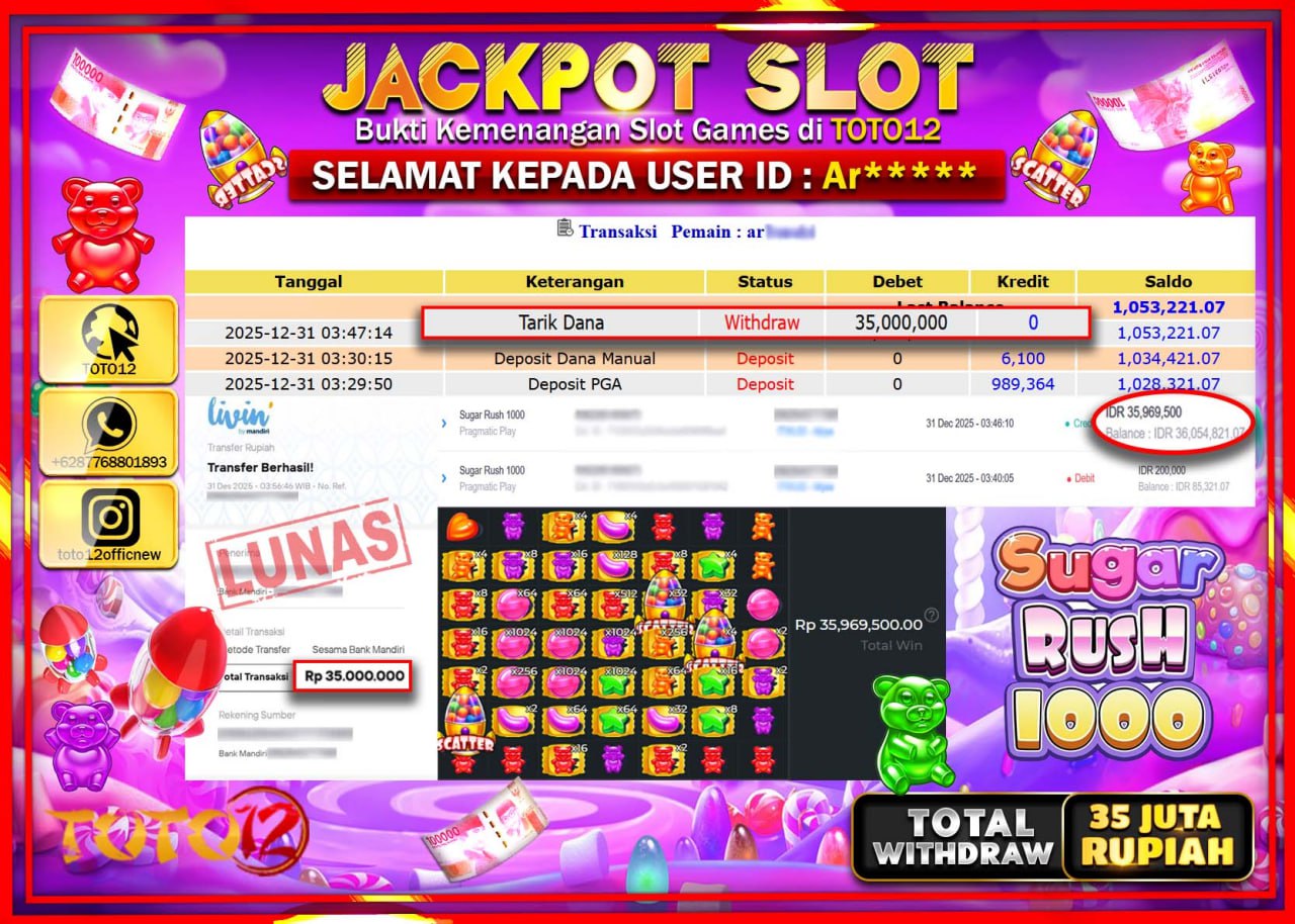 HANYA DI TOTO12 JP PASTI DI BAYAR LUNAS DAN CEPAT!!!!!! JACKPOT SLOT GAME (SUGAR RUSH 1000) Rp.35.000.000 !!!!