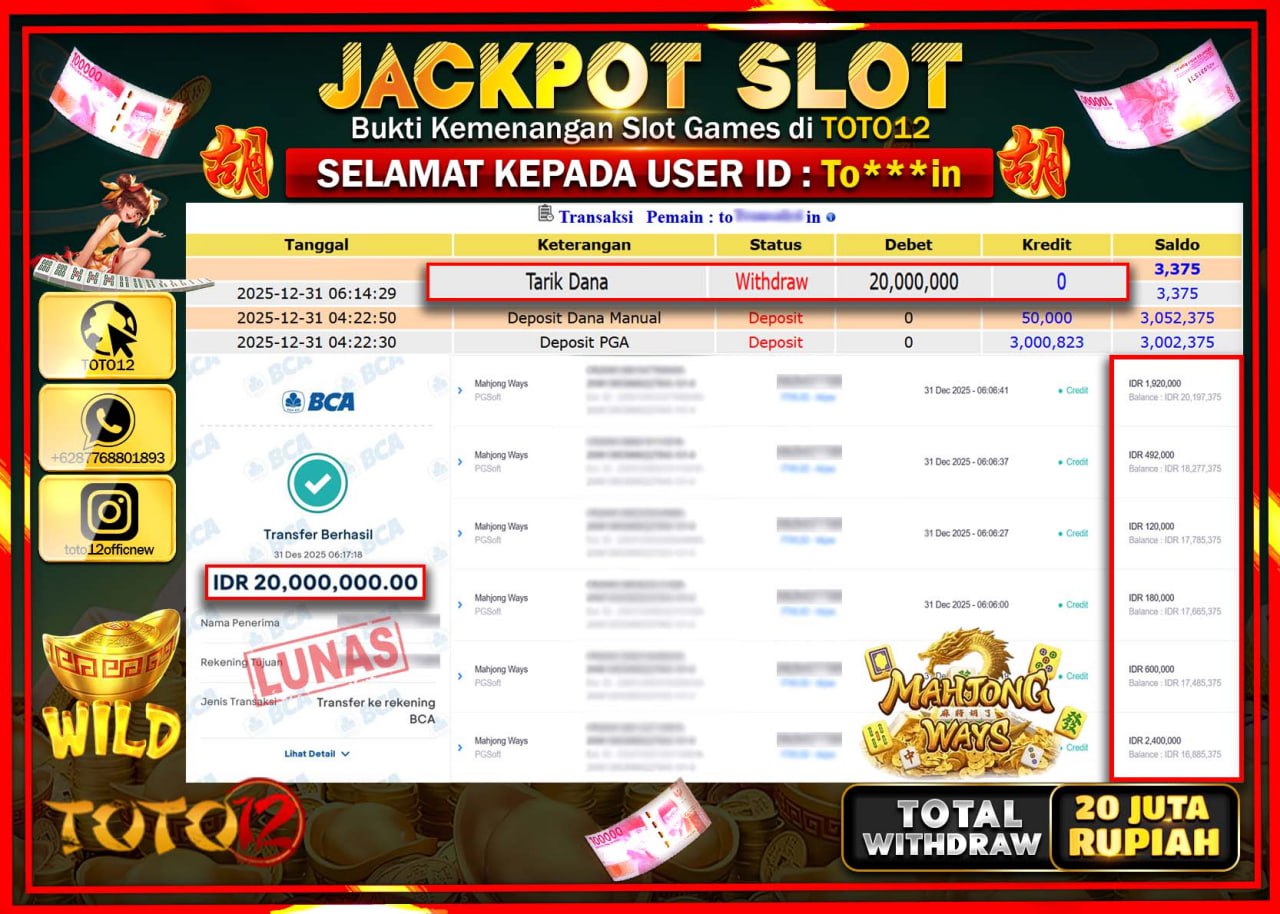 HANYA DI TOTO12 JP PASTI DI BAYAR LUNAS DAN CEPAT!!!!!! JACKPOT SLOT GAME (MAHJONG WAYS) Rp.20.000.000 !!!!