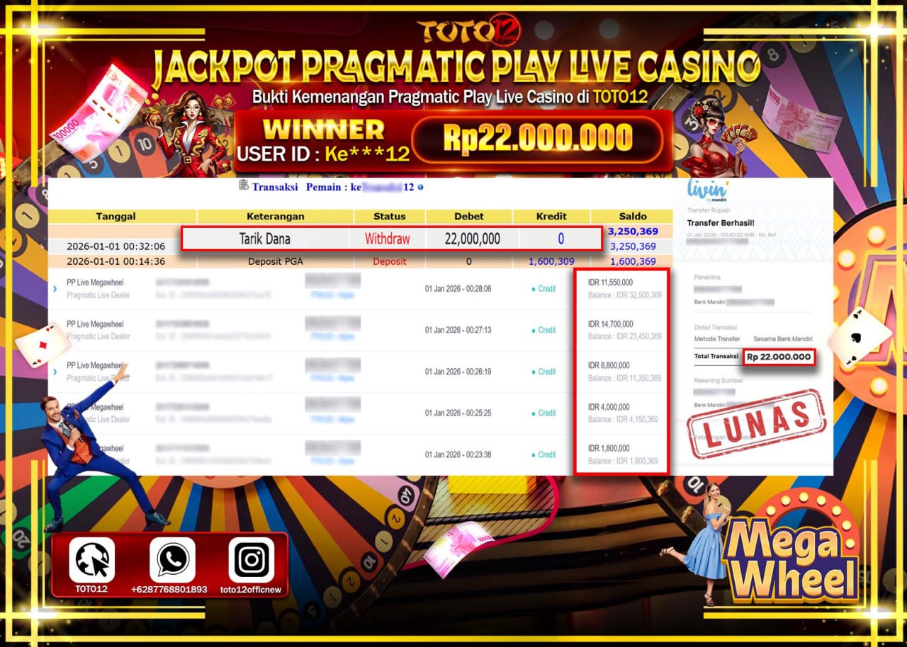 HANYA DI TOTO12 JP PASTI DI BAYAR LUNAS DAN CEPAT!!!!!! JACKPOT PRAGMATIC PLAY LIVE CASINO (MEGA WHEEL) Rp.22.000.000 !!!!