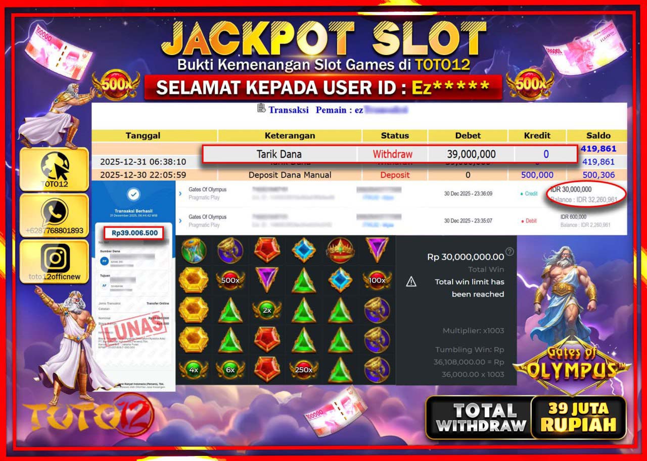 HANYA DI TOTO12 JP PASTI DI BAYAR LUNAS DAN CEPAT!!!!!! JACKPOT SLOT GAME (GATES OF OLYMPUS) Rp.39.000.000 !!!!