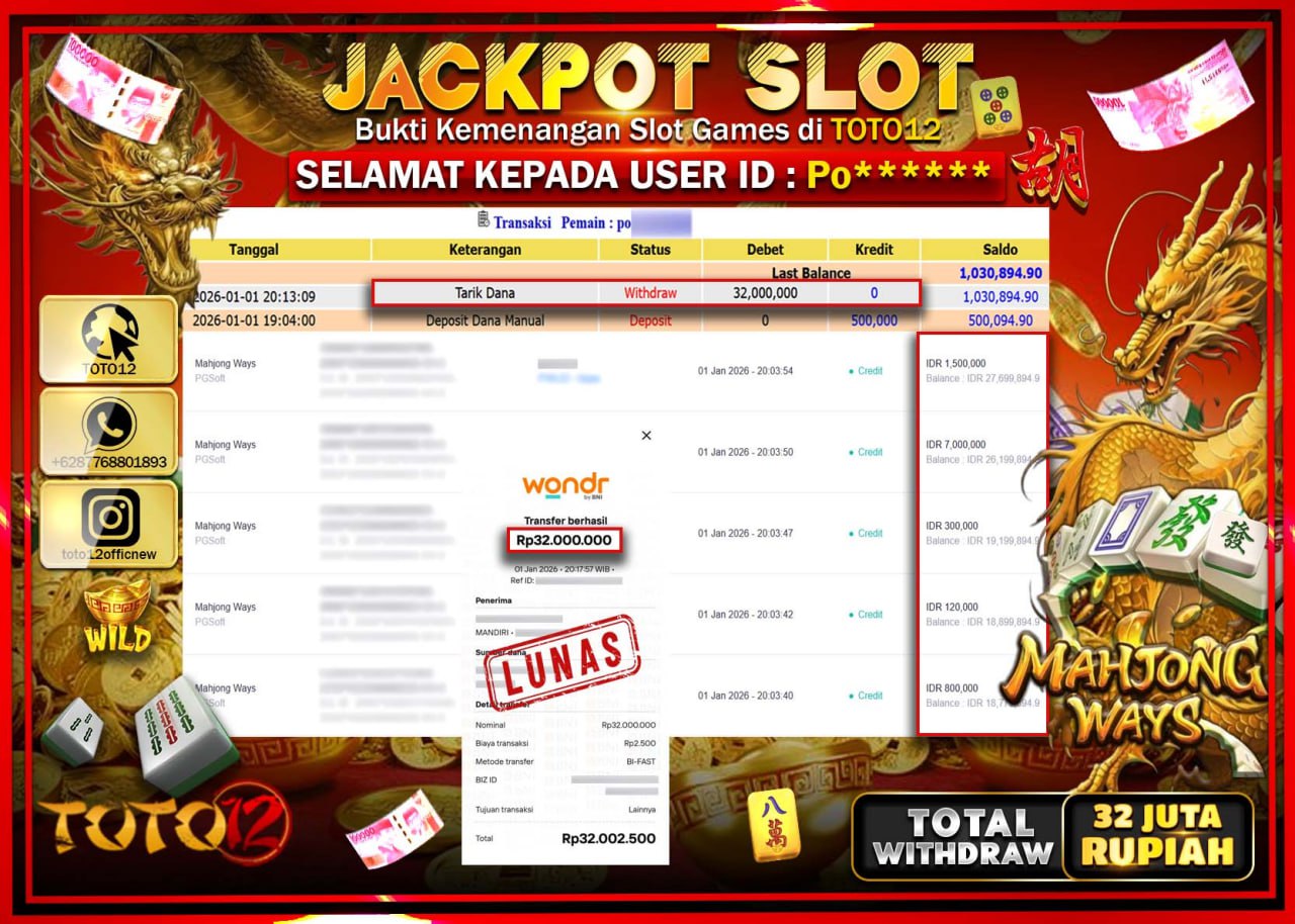 HANYA DI TOTO12 JP PASTI DI BAYAR LUNAS DAN CEPAT!!!!!! JACKPOT SLOT GAME (MAHJONG WAYS) Rp.32.000.000 !!!!