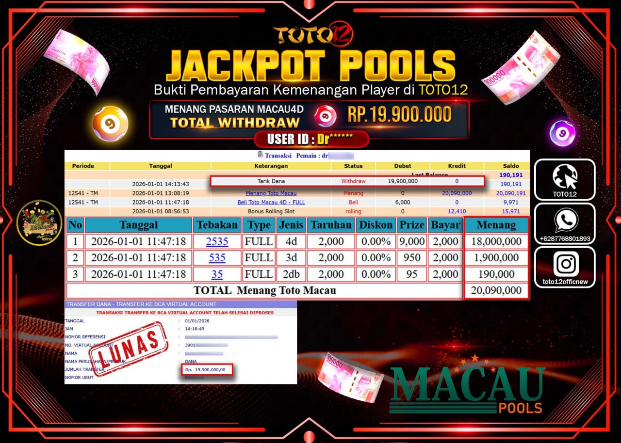 HANYA DI TOTO12 JP PASTI DI BAYAR LUNAS DAN CEPAT!!!!!! JACKPOT POOLS PASARAN (MACAU 4D) Rp.19.900.000 !!!!