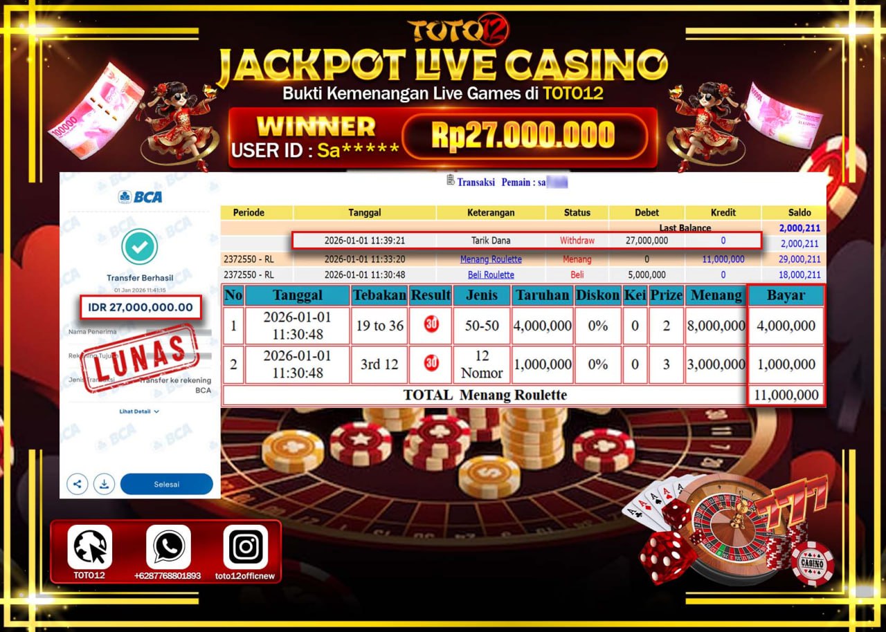 HANYA DI TOTO12 JP PASTI DI BAYAR LUNAS DAN CEPAT!!!!!! JACKPOT LIVE CASINO (ROULETTE) Rp.27.000.000 !!!!