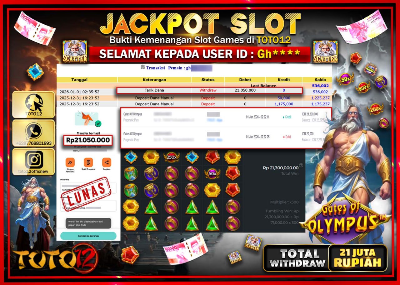 HANYA DI TOTO12 JP PASTI DI BAYAR LUNAS DAN CEPAT!!!!!! JACKPOT SLOT GAME (GATES OF OLYMPUS) Rp.21.050.000 !!!!
