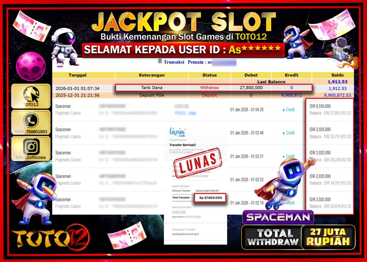 HANYA DI TOTO12 JP PASTI DI BAYAR LUNAS DAN CEPAT!!!!!! JACKPOT SLOT GAME (SPACEMAN) Rp.27.800.000 !!!!