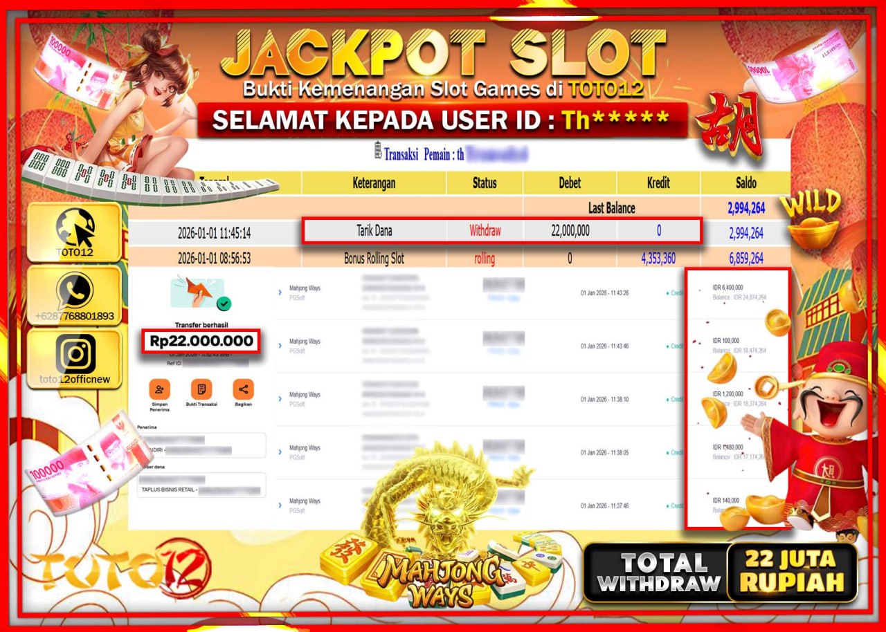 HANYA DI TOTO12 JP PASTI DI BAYAR LUNAS DAN CEPAT!!!!!! JACKPOT SLOT GAME (MAHJONG WAYS) Rp.22.000.000 !!!!