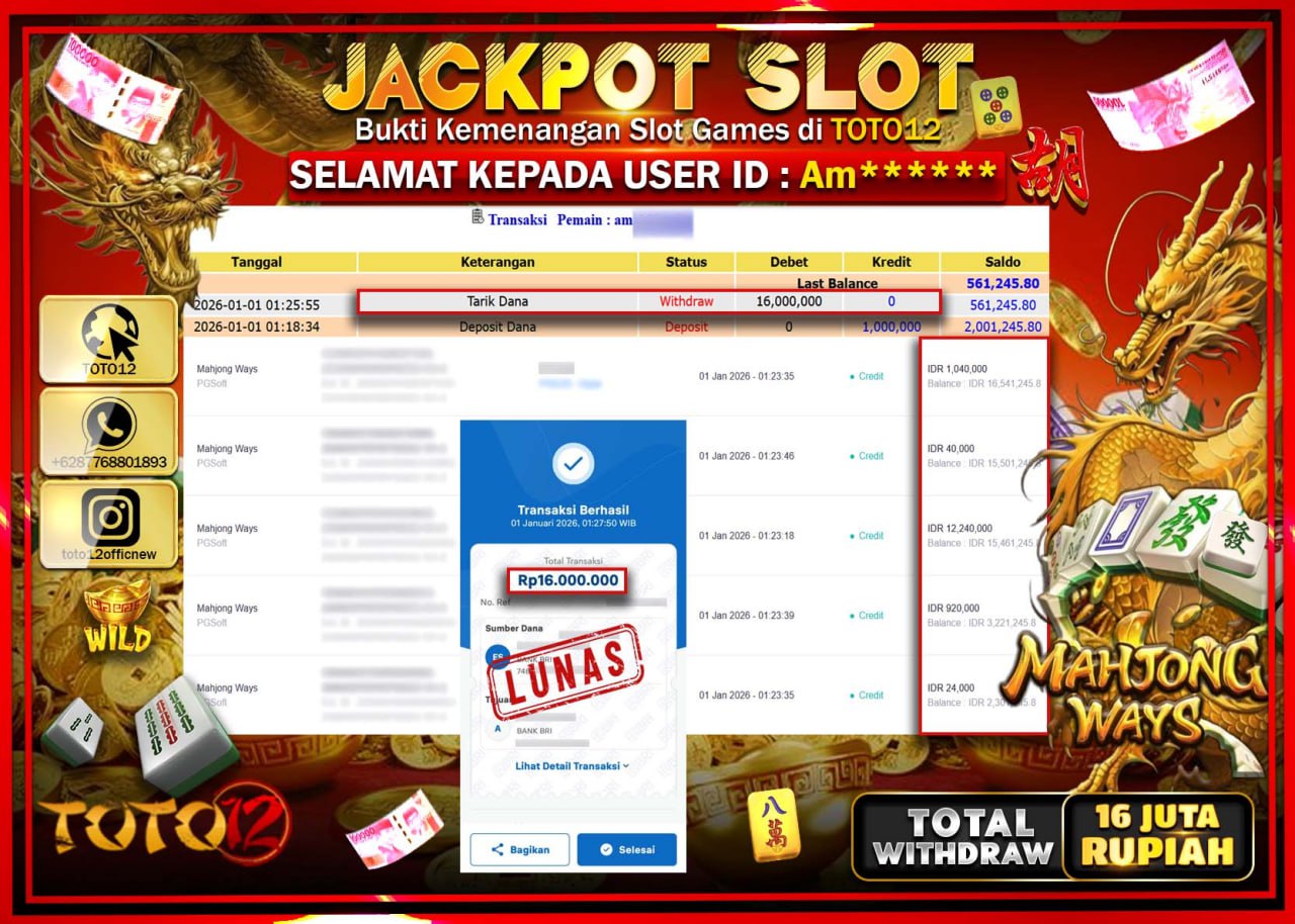 HANYA DI TOTO12 JP PASTI DI BAYAR LUNAS DAN CEPAT!!!!!! JACKPOT SLOT GAME (MAHJONG WAYS) Rp.16.000.000 !!!!