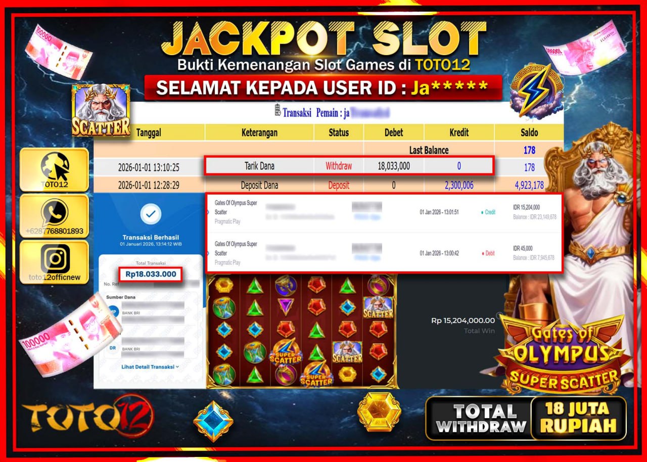 HANYA DI TOTO12 JP PASTI DI BAYAR LUNAS DAN CEPAT!!!!!! JACKPOT SLOT GAME (GATES OF OLYMPUS SUPER SCATTER) Rp.18.033.000 !!!!