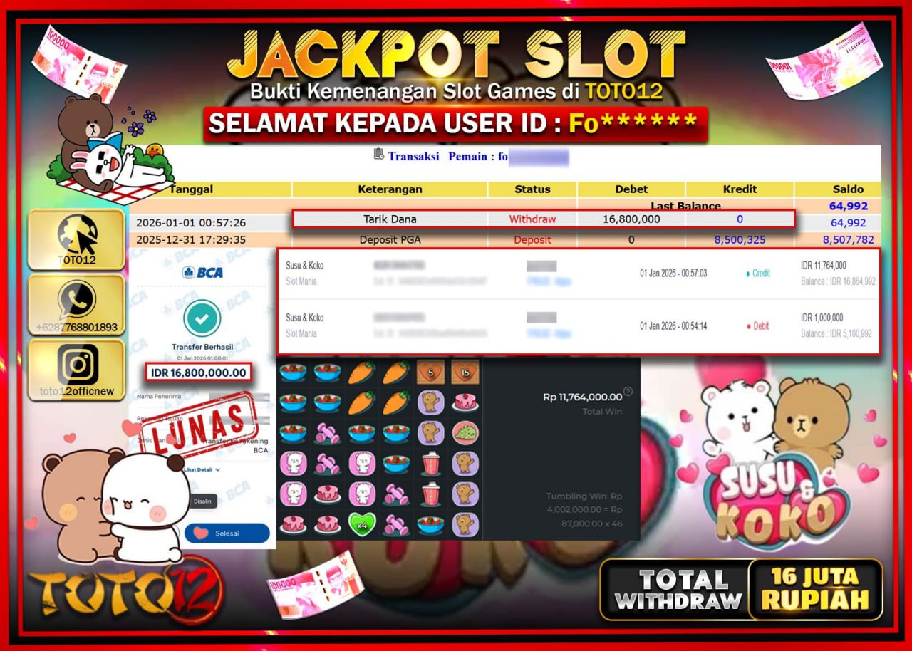 HANYA DI TOTO12 JP PASTI DI BAYAR LUNAS DAN CEPAT!!!!!! JACKPOT SLOT GAME (SUSU & KOKO) Rp.16.800.000 !!!!