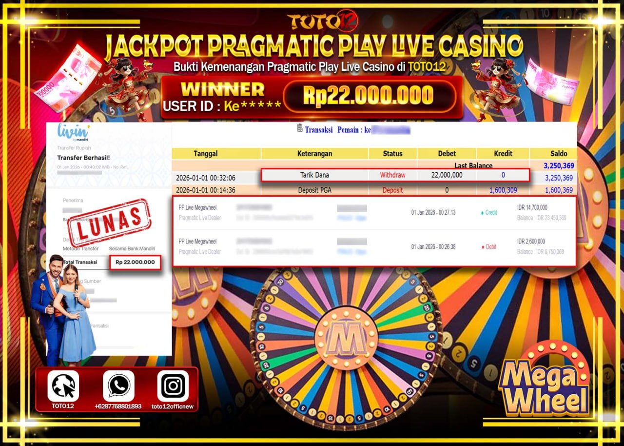 HANYA DI TOTO12 JP PASTI DI BAYAR LUNAS DAN CEPAT!!!!!! JACKPOT PRAGMATIC PLAY LIVE CASINO (MEGA WHEEL) Rp.22.000.000 !!!!