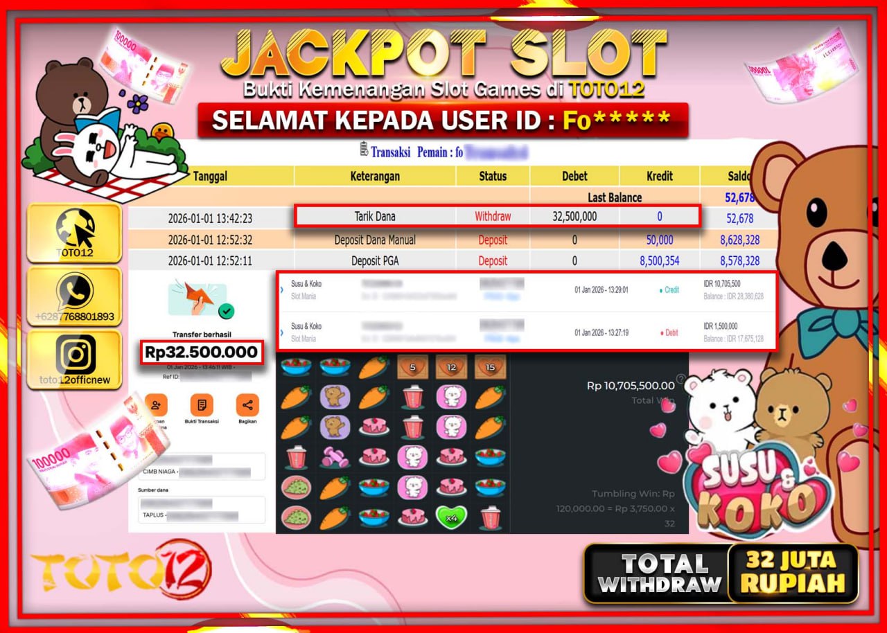 HANYA DI TOTO12 JP PASTI DI BAYAR LUNAS DAN CEPAT!!!!!! JACKPOT SLOT GAME (SUSU & KOKO) Rp.32.500.000 !!!!