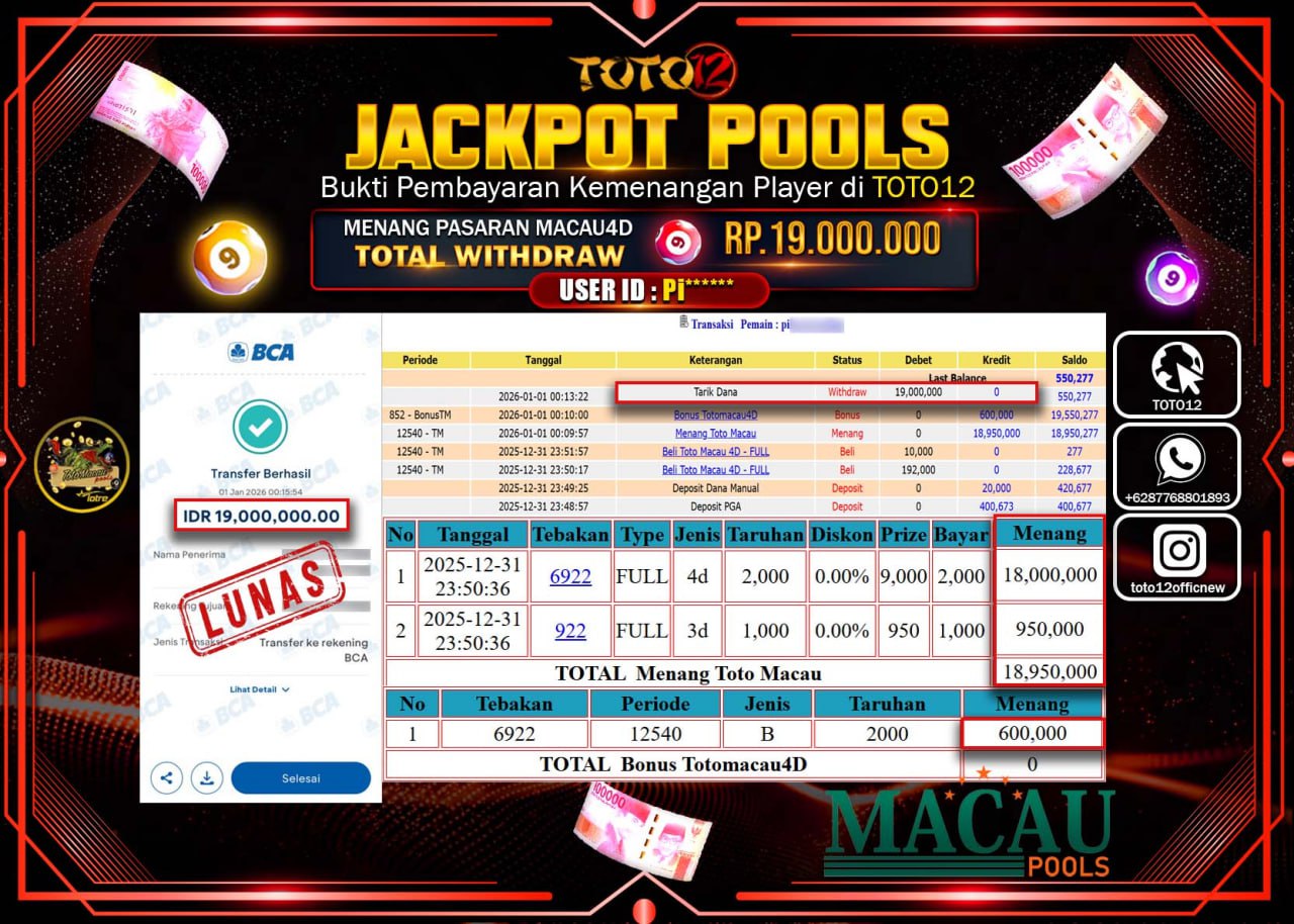 HANYA DI TOTO12 JP PASTI DI BAYAR LUNAS DAN CEPAT!!!!!! JACKPOT POOLS PASARAN (MACAU 4D) Rp.19.000.000 !!!!