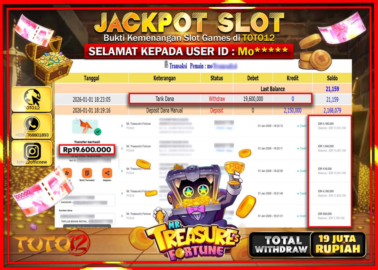 HANYA DI TOTO12 JP PASTI DI BAYAR LUNAS DAN CEPAT!!!!!! JACKPOT SLOT GAME (MR TREASURE FORTUNE) Rp.19.600.000 !!!!