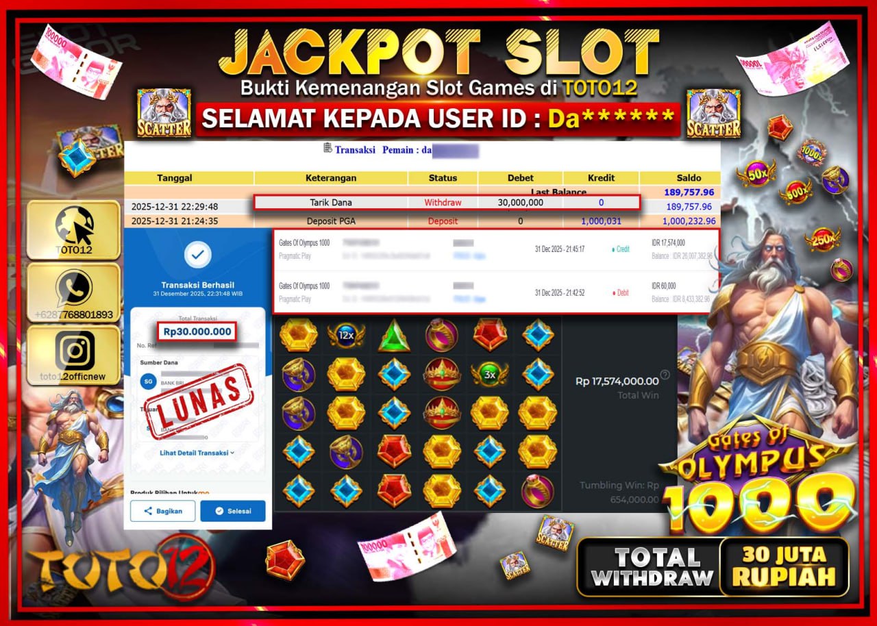 HANYA DI TOTO12 JP PASTI DI BAYAR LUNAS DAN CEPAT!!!!!! JACKPOT SLOT GAME (GATES OF OLYMPUS 1000) Rp.30.000.000 !!!!