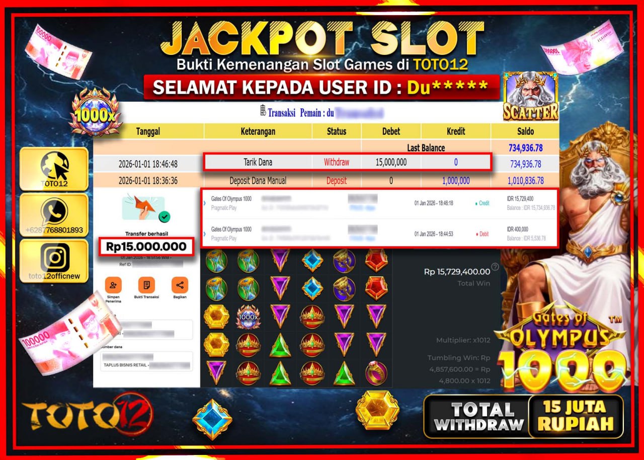 HANYA DI TOTO12 JP PASTI DI BAYAR LUNAS DAN CEPAT!!!!!! JACKPOT SLOT GAME (GATES OF OLYMPUS 1000) Rp.15.000.000 !!!!