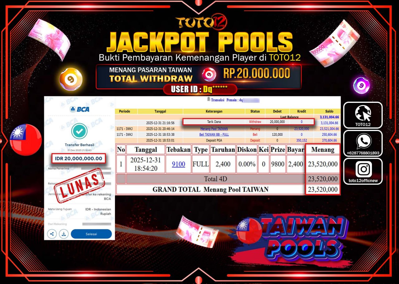 HANYA DI TOTO12 JP PASTI DI BAYAR LUNAS DAN CEPAT!!!!!! JACKPOT POOLS PASARAN (TAIWAN) Rp.20.000.000 !!!!