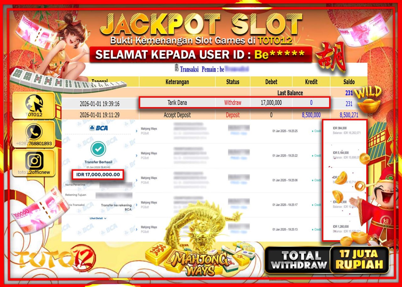 HANYA DI TOTO12 JP PASTI DI BAYAR LUNAS DAN CEPAT!!!!!! JACKPOT SLOT GAME (MAHJONG WAYS) Rp.17.000.000 !!!!