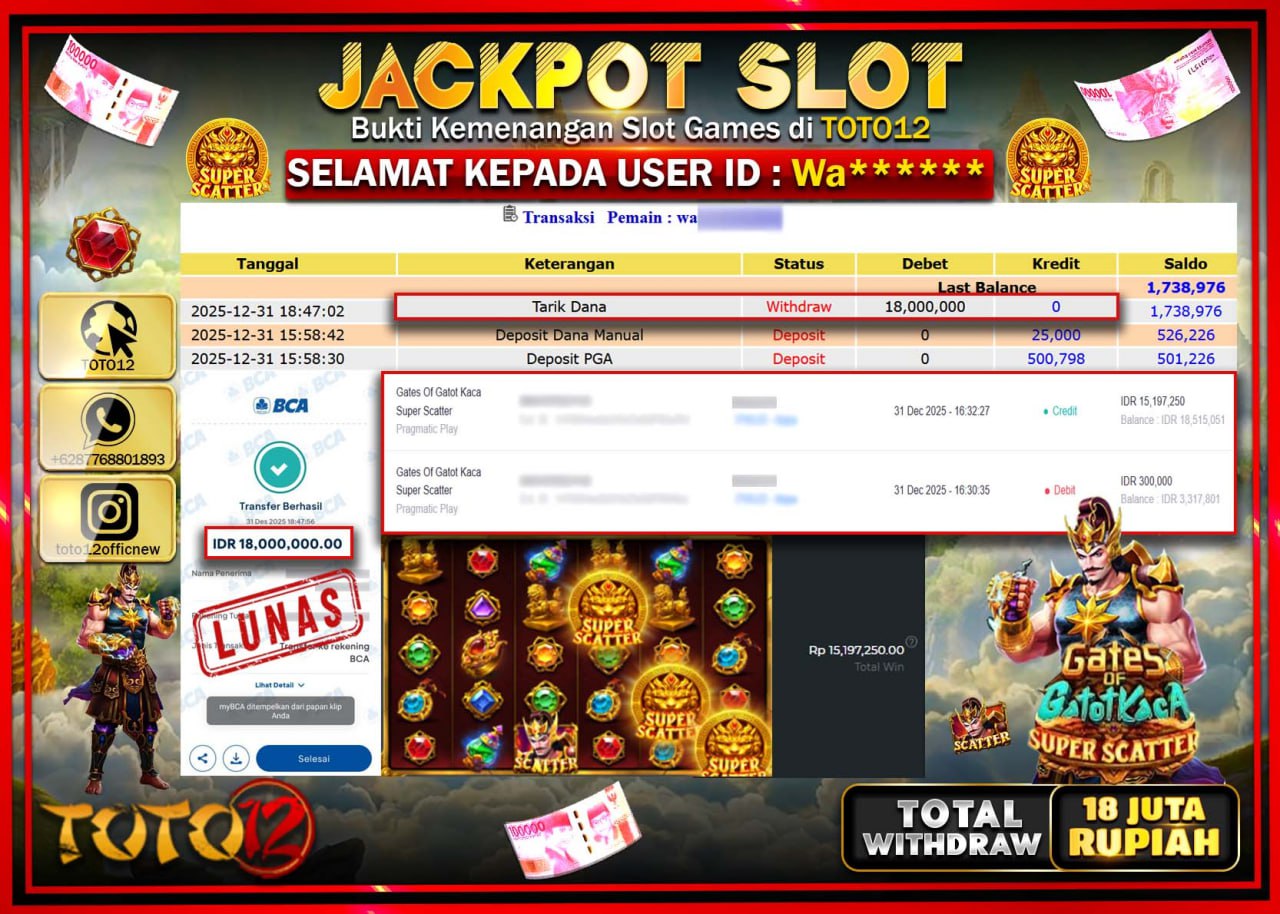 HANYA DI TOTO12 JP PASTI DI BAYAR LUNAS DAN CEPAT!!!!!! JACKPOT SLOT GAME (GATES OF GATOT KACA SUPER SCATTER) Rp.18.000.000 !!!!