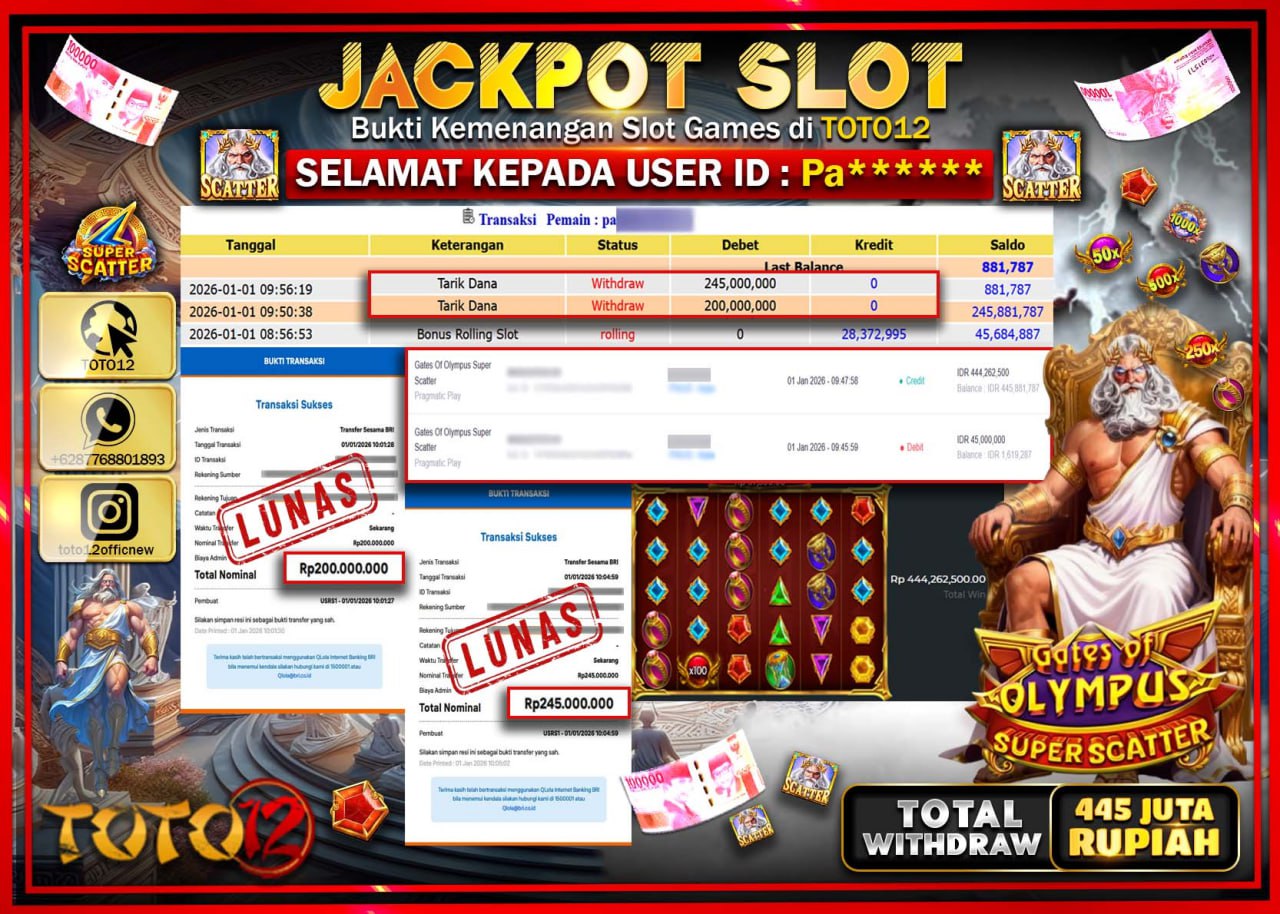 HANYA DI TOTO12 JP PASTI DI BAYAR LUNAS DAN CEPAT!!!!!! JACKPOT SLOT GAME (GATES OF OLYMPUS SUPER SCATTER) Rp.445.000.000 !!!!