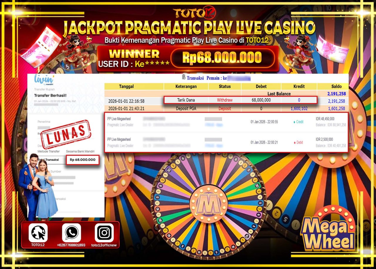 HANYA DI TOTO12 JP PASTI DI BAYAR LUNAS DAN CEPAT!!!!!! JACKPOT PRAGMATIC PLAY LIVE CASINO (MEGA WHEEL) Rp.68.000.000 !!!!