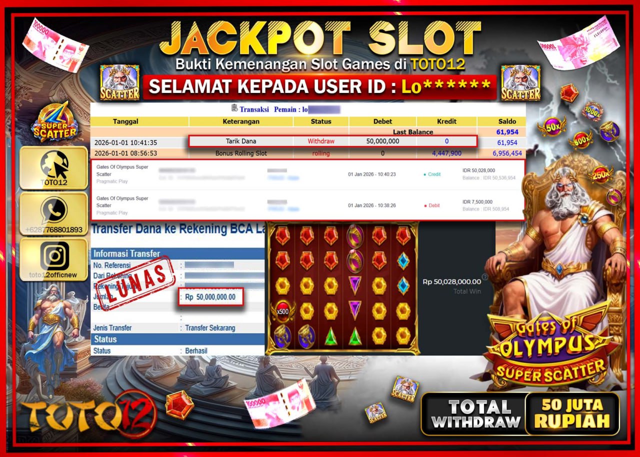 HANYA DI TOTO12 JP PASTI DI BAYAR LUNAS DAN CEPAT!!!!!! JACKPOT SLOT GAME (GATES OF OLYMPUS SUPER SCATTER) Rp.50.000.000 !!!!