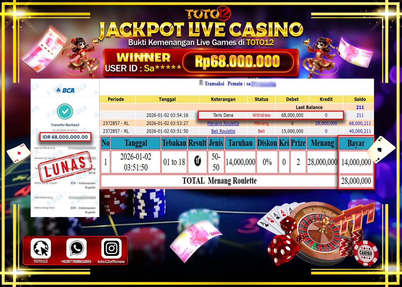 HANYA DI TOTO12 JP PASTI DI BAYAR LUNAS DAN CEPAT!!!!!! JACKPOT LIVE CASINO (ROULETTE) Rp.68.000.000 !!!!