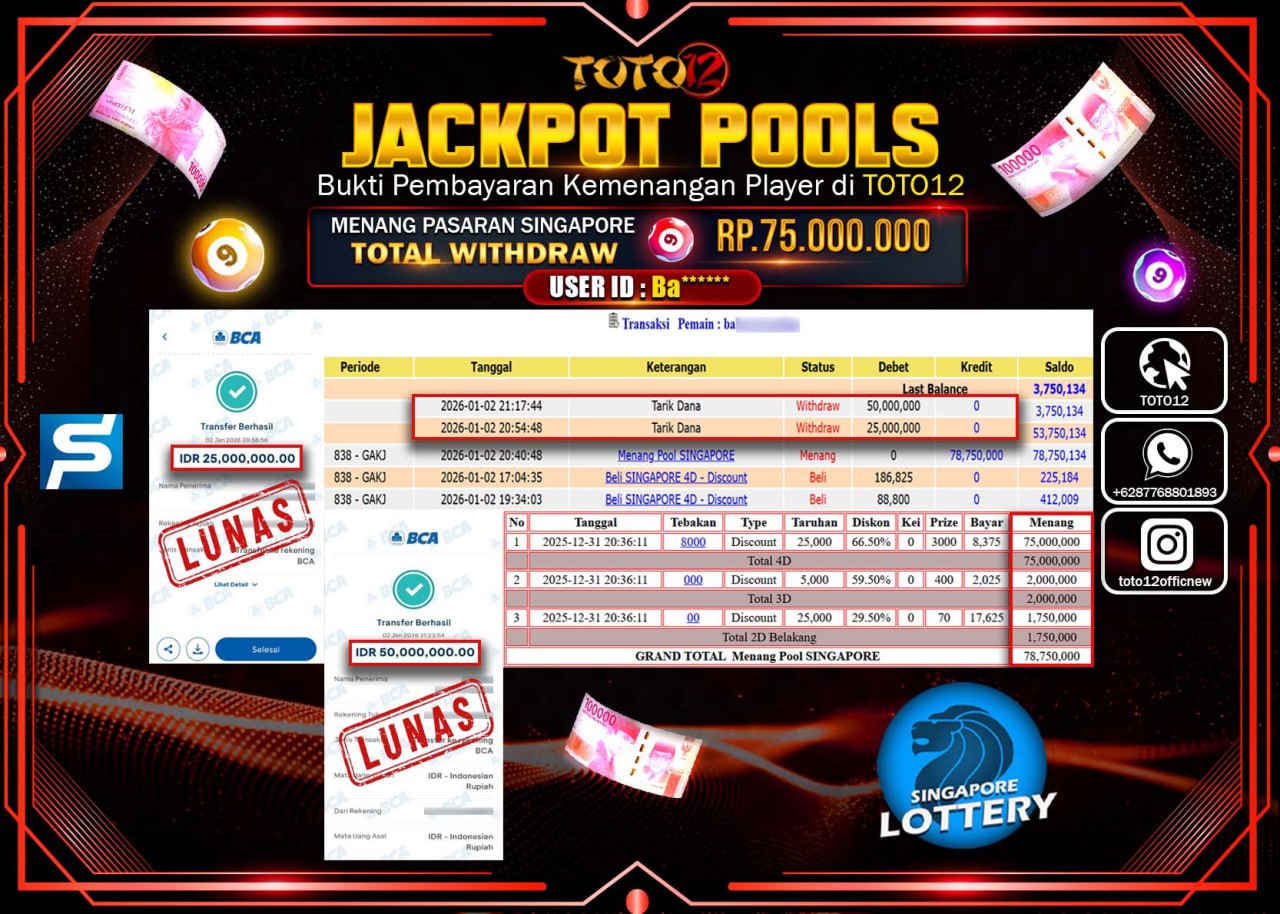 HANYA DI TOTO12 JP PASTI DI BAYAR LUNAS DAN CEPAT!!!!!! JACKPOT POOLS PASARAN (SINGAPORE) Rp.75.000.000 !!!!