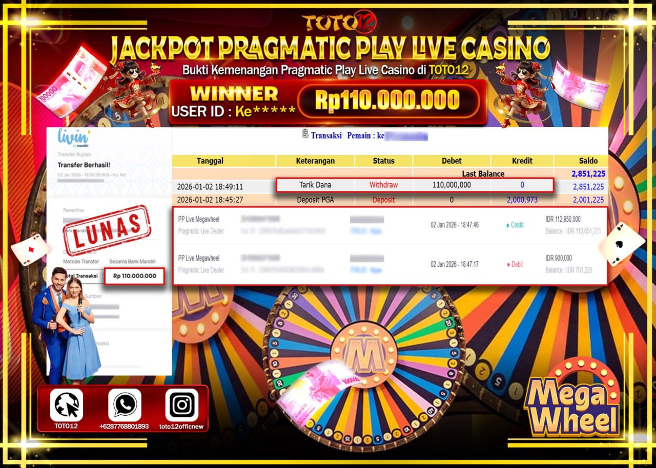 HANYA DI TOTO12 JP PASTI DI BAYAR LUNAS DAN CEPAT!!!!!! JACKPOT PRAGMATIC PLAY LIVE CASINO (MEGA WHEEL) Rp.110.000.000 !!!!