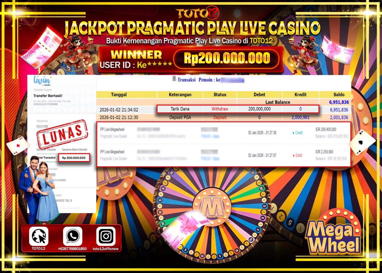 HANYA DI TOTO12 JP PASTI DI BAYAR LUNAS DAN CEPAT!!!!!! JACKPOT PRAGMATIC PLAY LIVE CASINO (MEGA WHEEL) Rp.200.000.000 !!!!
