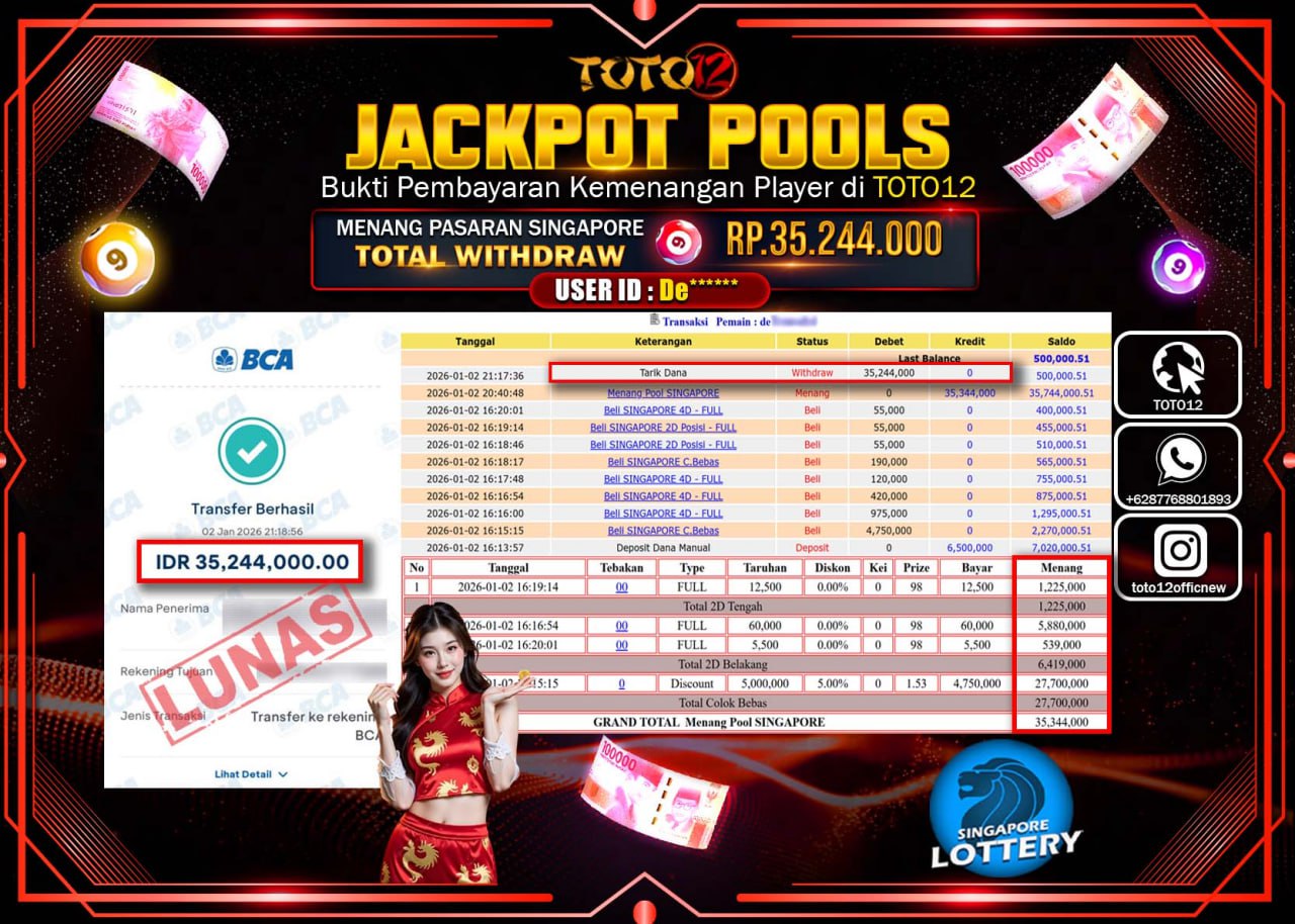 HANYA DI TOTO12 JP PASTI DI BAYAR LUNAS DAN CEPAT!!!!!! JACKPOT POOLS PASARAN (SINGAPORE) Rp.35.244.000 !!!!