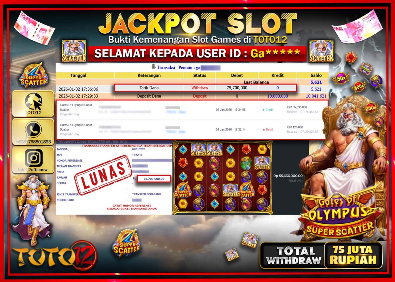 HANYA DI TOTO12 JP PASTI DI BAYAR LUNAS DAN CEPAT!!!!!! JACKPOT SLOT GAME (GATES OF OLYMPUS SUPER SCATTER) Rp.75.700.000 !!!!