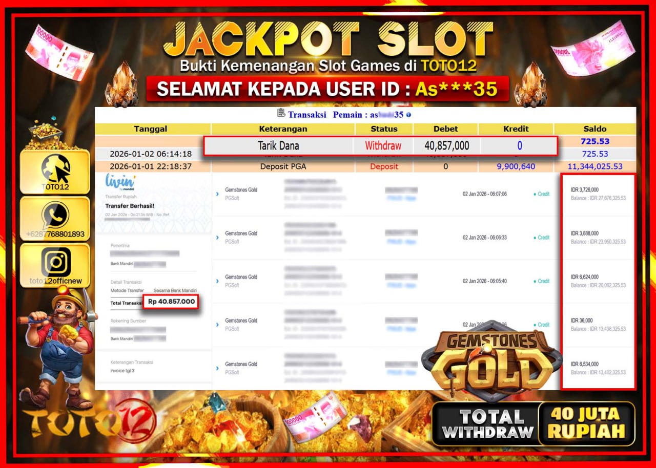 HANYA DI TOTO12 JP PASTI DI BAYAR LUNAS DAN CEPAT!!!!!! JACKPOT SLOT GAME (GEMSTONES GOLD) Rp.40.857.000 !!!!