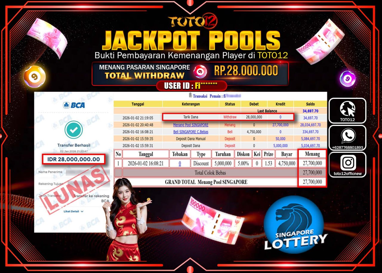 HANYA DI TOTO12 JP PASTI DI BAYAR LUNAS DAN CEPAT!!!!!! JACKPOT POOLS PASARAN (SINGAPORE) Rp.28.000.000 !!!!