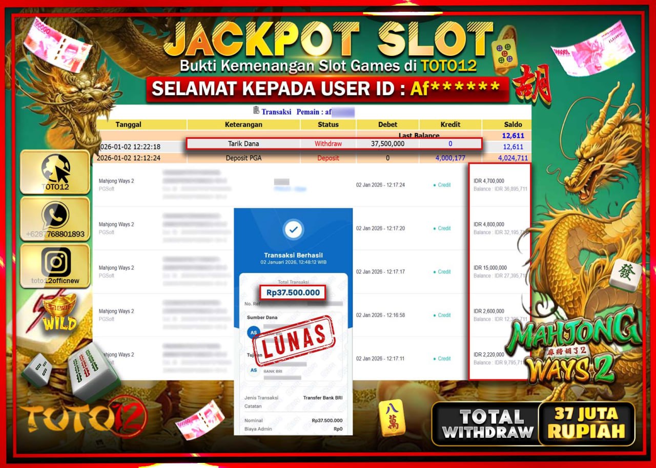 HANYA DI TOTO12 JP PASTI DI BAYAR LUNAS DAN CEPAT!!!!!! JACKPOT SLOT GAME (MAHJONG WAYS 2) Rp.37.500.000 !!!!