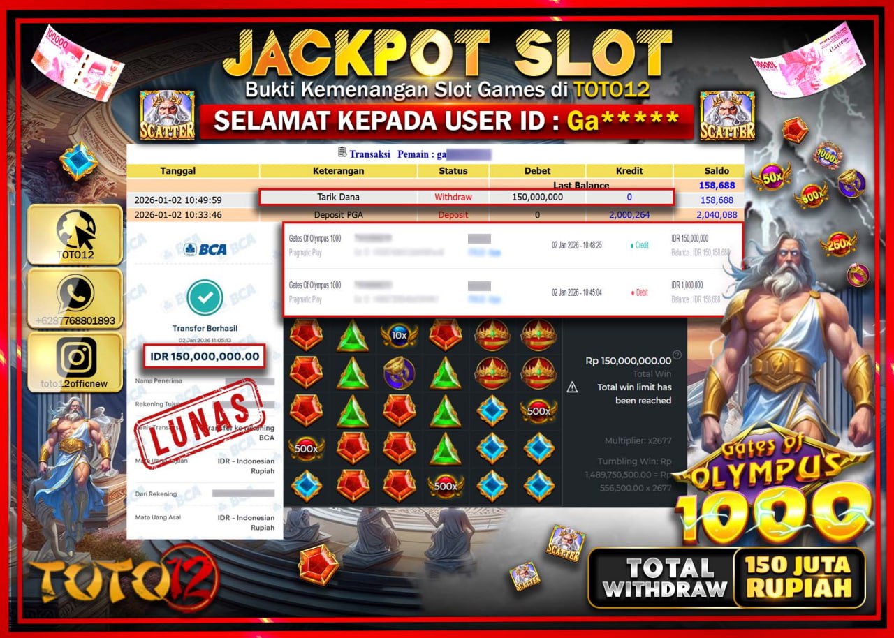 HANYA DI TOTO12 JP PASTI DI BAYAR LUNAS DAN CEPAT!!!!!! JACKPOT SLOT GAME (GATES OF OLYMPUS 1000) Rp.150.000.000 !!!!