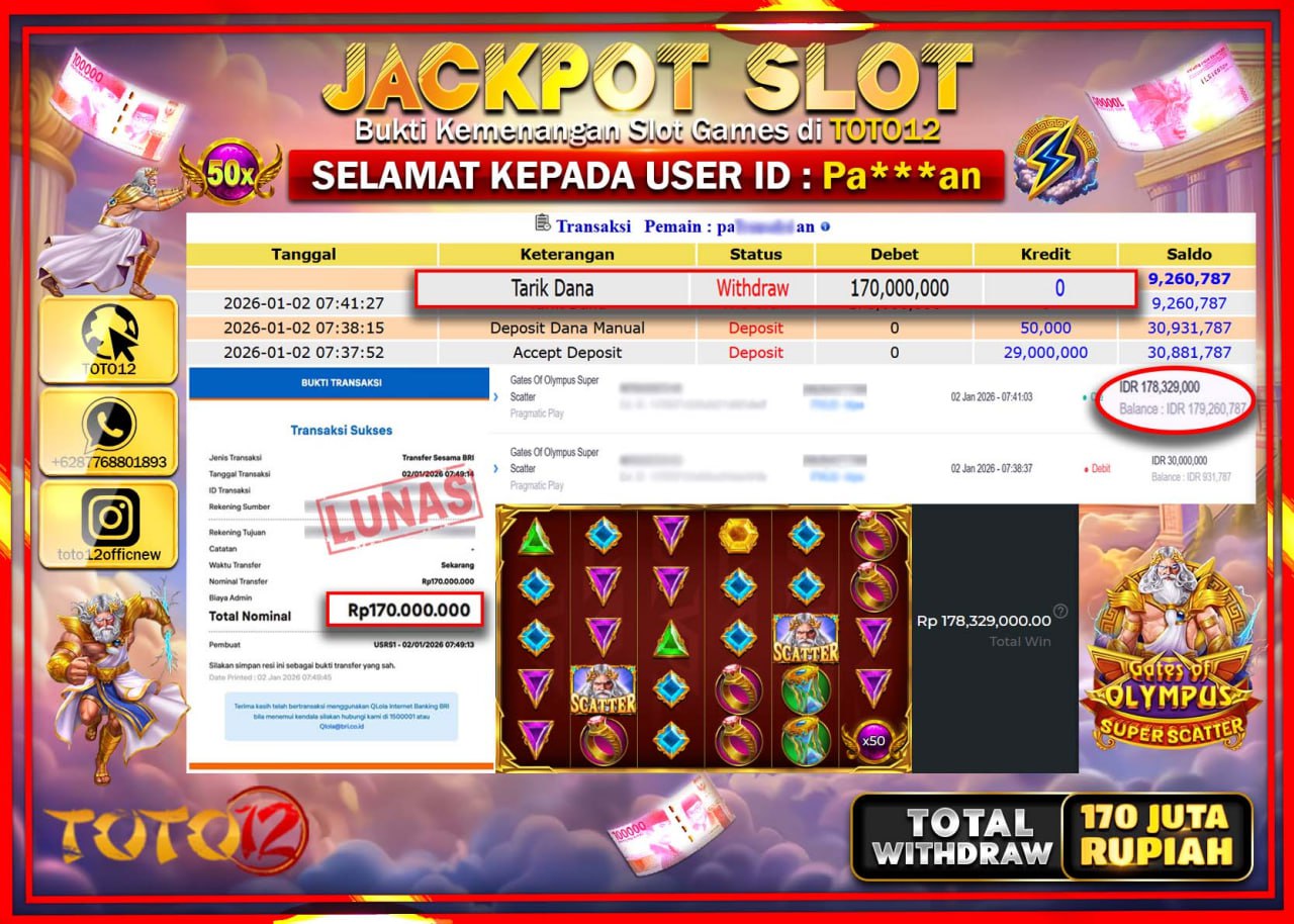 HANYA DI TOTO12 JP PASTI DI BAYAR LUNAS DAN CEPAT!!!!!! JACKPOT SLOT GAME (GATES OF OLYMPUS SUPER SCATTER) Rp.170.000.000 !!!!