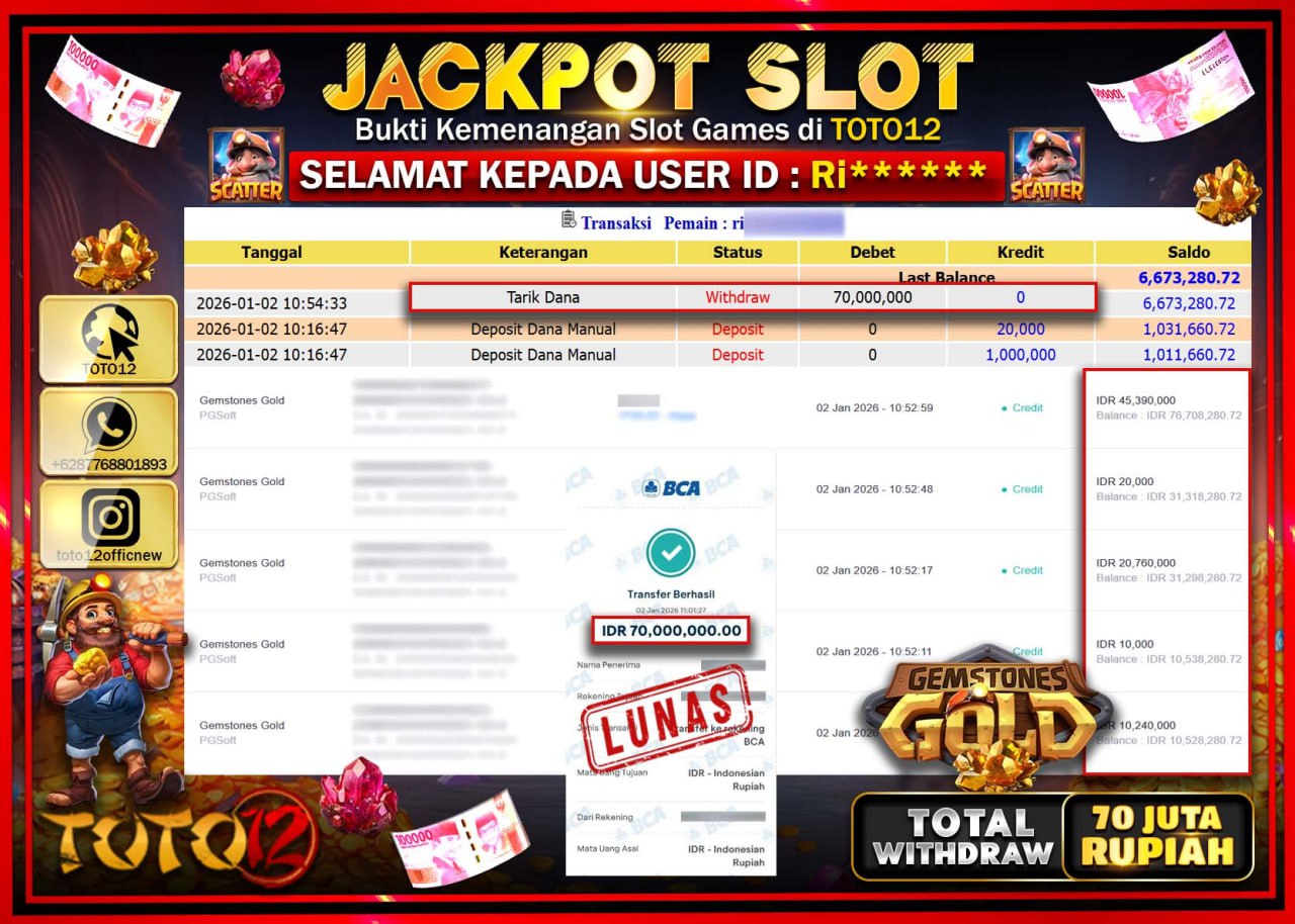 HANYA DI TOTO12 JP PASTI DI BAYAR LUNAS DAN CEPAT!!!!!! JACKPOT SLOT GAME (GEMSTONES GOLD) Rp.70.000.000 !!!!