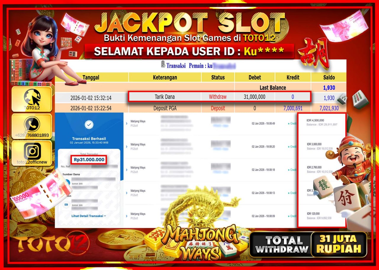 HANYA DI TOTO12 JP PASTI DI BAYAR LUNAS DAN CEPAT!!!!!! JACKPOT SLOT GAME (MAHJONG WAYS) Rp.31.000.000 !!!!