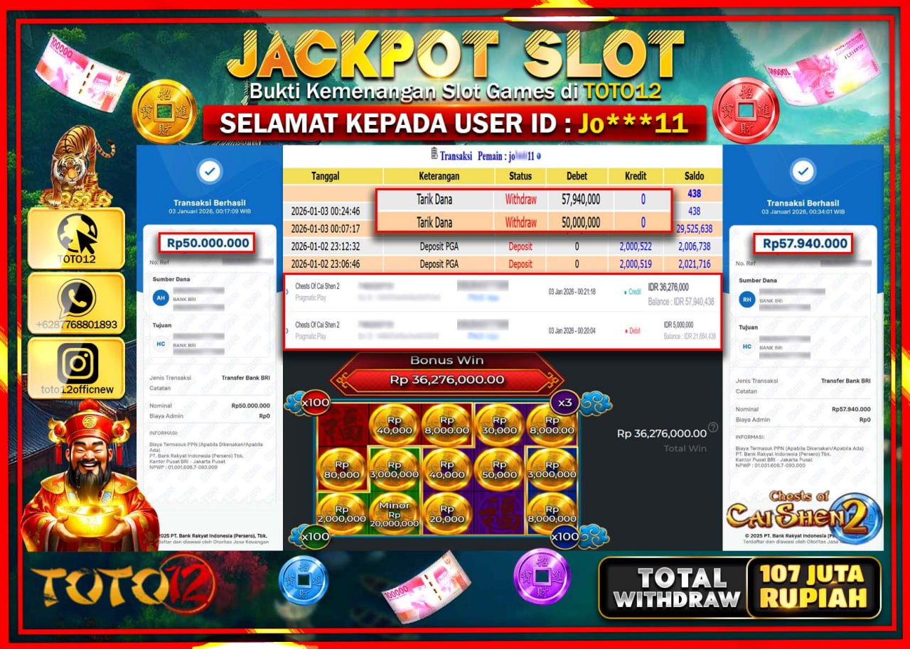 HANYA DI TOTO12 JP PASTI DI BAYAR LUNAS DAN CEPAT!!!!!! JACKPOT SLOT GAME (CHESTS OF CAI SHEN 2) Rp.107.940.000 !!!!