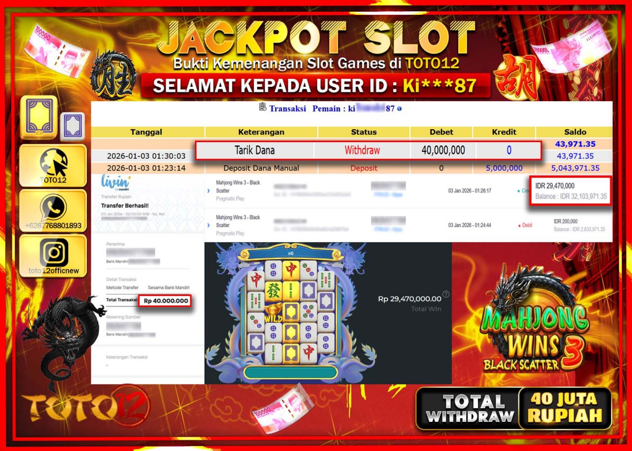 HANYA DI TOTO12 JP PASTI DI BAYAR LUNAS DAN CEPAT!!!!!! JACKPOT SLOT GAME (MAHJONG WINS 3 BLACK SCATTER ) Rp.40.000.000 !!!!